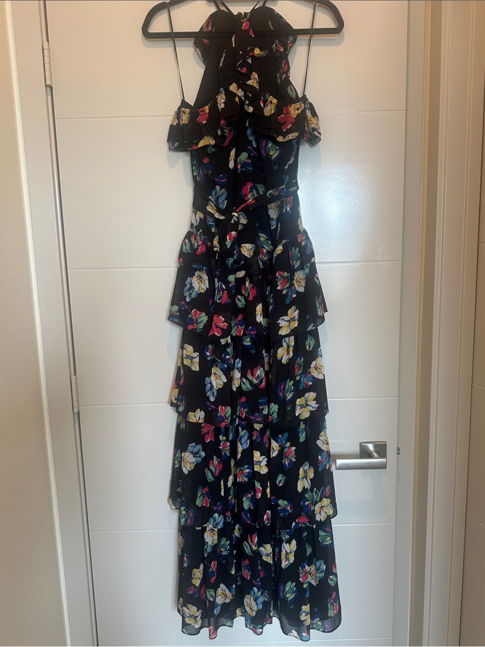 Ralph Lauren Black Floral Ruffle Tiered Maxi Dress with Multicolor Blooms